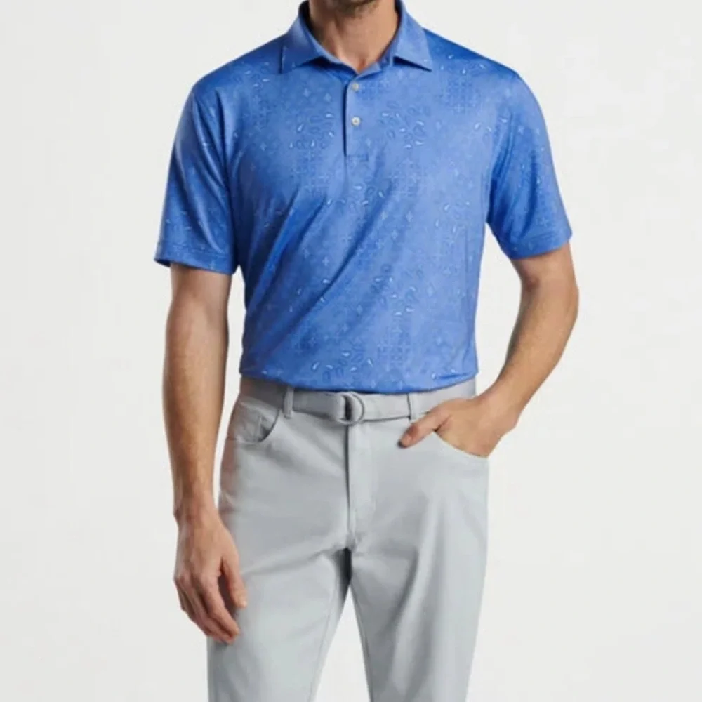Peter Millar Geo Paisley Performance Jersey Golf Polo in Bonnet Blue | XXL NWT